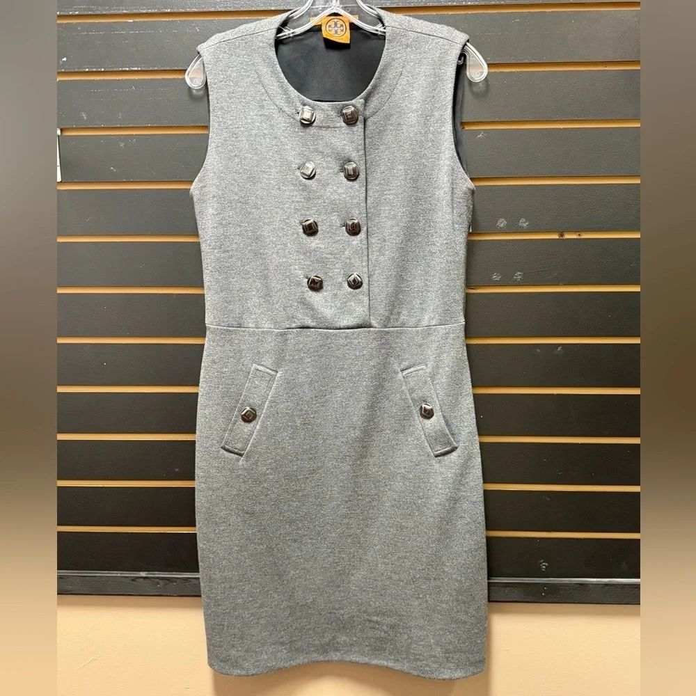 Tory Burch Gray Sleeveless Sheath Dress Double Button Front Size M